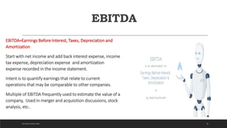 EBITDA
EBITDA=Earnings Before Interest, Taxes, Depreciation and
Amortization
Start with net income and add back interest expense, income
tax expense, depreciation expense and amortization
expense recorded in the income statement.
Intent is to quantify earnings that relate to current
operations that may be comparable to other companies.
Multiple of EBITDA frequently used to estimate the value of a
company, Used in merger and acquisition discussions, stock
analysis, etc..
30DICKSON CONSULTING
 