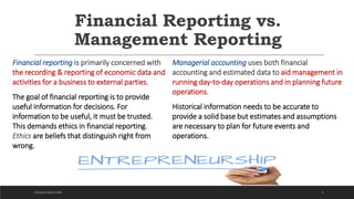 Financial Reporting vs.
Management Reporting
Financial reporting is primarily concerned with
the recording & reporting of economic data and
activities for a business to external parties.
The goal of financial reporting is to provide
useful information for decisions. For
information to be useful, it must be trusted.
This demands ethics in financial reporting.
Ethics are beliefs that distinguish right from
wrong.
Managerial accounting uses both financial
accounting and estimated data to aid management in
running day-to-day operations and in planning future
operations.
Historical information needs to be accurate to
provide a solid base but estimates and assumptions
are necessary to plan for future events and
operations.
6DICKSON CONSULTING
 