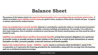 Balance Sheet
DICKSON CONSULTING 9
The purpose of the balance sheet is to report the financial position of an accounting entity at a particular point in time. It
reflects an entities assets, liabilities and net equity at a point in time, usually as of the end of a month and year. It reports
is owned, owed and the residual interest.
Assets are probable future economic benefits obtained or controlled by a particular entity as a result of past transactions
events. Examples include cash, accounts receivable, inventory, buildings and equipment. For example, if an entity has a
that made computers, then it would be considered an asset because the factory would produce cars that would be sold in
market for cash.
Liabilities are probable future sacrifices of economic benefits arising from present obligations of a particular
to transfer assets or provide services to other entities in the future as a result of past transactions or events.
Examples are debt, accounts payable, unearned revenues and bonds payable.
Equity is the residual balance. Assets – liabilities = equity. Equity is commonly called stockholders’ equity if the
a corporation as it represents the financing provided by the stockholders along with the earnings from the business
paid out as dividends (retained earnings).
 