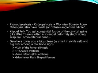 • Pycnodysostosis - Osteopetrosis + Wonnian Bones+ Acro-
Osteolysis. also have ''wide (or obtuse) angled mandible",.
• Klippel Feil- You get congenital fusion of the cervical spine
(like JRA). There is often a sprengel deformity (high riding
scapula). omovertebral bone –
• Gauchers gives you a big spleen (vs small in sickle cell) and
big liver among a few bone signs.
•AVN of the Femoral Heads
• H Shaped Vertebra
•Bone Infarcts (lots of them)
•Erlenmeyer Flask Shaped Femurs
 