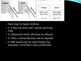 • Next step for Septic Arthritis
• 1. X-Ray Hip series (AP, Lateral, and Frog
Leg).
• 2. Ultrasound which will show an effusion.
• 3. Then a clinical decision and to Aspirate
• 4. MRI would only be used if/when hip
aspiration can't/hasn't been performed.
 