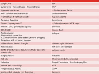 LIPLungs Cysts
PCPLungs Cysts + Ground Glass + Pneumothorax
= Castlemans or KaposiHypervascular Nodes
Strep PneumoniaMost common airspace opacity
Kaposi Sarcoma"Flame Shaped" Perihilar opacity
LymphomaPersistent Opacities
= Scleroderma with NSCP lungsDilated Esophagus on CT
InfectionHOT PET GGO ground glass opacity
Cancer (BAC)COLD GGO
collapsePost intubation
Placement of central line
ICU patient with no other details (mucous plugging)
Outpatient with no history (cancer).
aberrant right subclavianobliteration of Raider's Triangle
left lower lobe collapseflat waist sign
Actinomycosis.dental procedure gone bad, now with jaw osteo and
pneumonia
Klebsiellabulging fissure
Hypersensitivity PneumonitisChot-tub,
Fungal Pneumonia - Invasive Aspergillushalo sign,
COPreverse halo or atoll sign
ABPA"finger in glove, Asthma
Lemierreseptic emboli +jugular vein thrombus
 