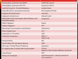 Small Cell Lung CAParaneoplatic syndromes with SIADH
Squamous Cell CAParaneoplatic syndromes with PTH,
Lambert EatonSmall Cell Lung CA+ Proximal Weakness
Bronchopleural FistulaCavity fills with air, post pneumonectomy
carcinoidmalignant bronchial tumor
Adenoid Cysticmalignant tracheal tumor
LymphomaAIDS patient with lung nodules, pleural effusion, and
lymphadenopathy,
KaposiGallium Negative
PCPThallium Negative,"
HamartomaMacroscopic fat and popcorn calcifications
LCHBizarre shaped cysts
LAMLung Cysts in a TS patient,
Alpha 1,"
Ritalin Lung
Panlobular Emphysema
UIPHoneycombing,
NSIPGround Glass with Sub pleural Sparing
AsbestosisUIP Lungs+ Parietal Pleural Thickening
Chronic
Rejection I Bronchiolitis Obliterans Syndrome
Air trapping seen 6 months after lung transplant
PAPCrazy Paving,"
Lipoid Pneumonia - inferring mineral oil
use I aspiration
History of constipation
 