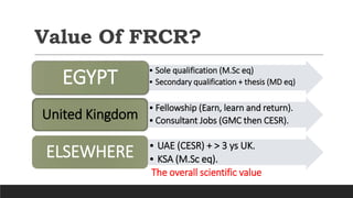 Value Of FRCR?
• Sole qualification (M.Sc eq)
• Secondary qualification + thesis (MD eq)
EGYPT
• Fellowship (Earn, learn and return).
• Consultant Jobs (GMC then CESR).
United Kingdom
ELSEWHERE • UAE (CESR) + > 3 ys UK.
• KSA (M.Sc eq).
The overall scientific value
 