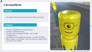 Thereisabetterway
16
OCTO Part of Accenture © 2020 - All rights reserved
Les organisations techniques et humaines sont liées.
Pratiques
• Penser capabilités socio-techniques
• Limiter les dépendances
• Favoriser les couplages faibles : Les modes
d’interactions
• Identifier les écosystèmes actuels : L’event storming
• Bien ranger sa chambre : Une architecture applicative
au service du métier
L’écosystème
Principe
street art by GV under CC BY-2.0
 