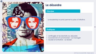 19
Thereisabetterway
OCTO Part of Accenture © 2020 - All rights reserved
Le désordre
Principe
Le leadership incarné permet la prise d’initiative.
Pratiques
• Antifragile et les bienfaits du désordre
• Coordonner et synchroniser : Le manager
• Guider et entraîner : Le leader
super by SNTT under CC BY-2.0
 