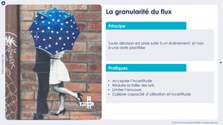 8
Thereisabetterway
OCTO Part of Accenture © 2020 - All rights reserved
La granularité du flux
Principe
Toute décision est prise suite à un événement, et non
à une date planifiée
Pratiques
• Accepter l’incertitude
• Réduire la taille des lots
• Limiter l’encours
• Calibrer capacité d’utilisation et incertitude
Umbrella by GW under CC BY-2.0
 
