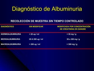 Diagnóstico de Albuminuria RECOLECCIÓN DE MUESTRA SIN TIEMPO CONTROLADO DIAGNÓSTICO SIN MODIFICAR MODIFICADA POR CONCENTRACIÓN   DE CREATININA EN SANGRE NORMOALBUMINURIA < 20 ug / ml < 30 mg / g MICROALBUMINURIA 20 A 200 ug / ml 30 a 300 mg / g MACROALBUMINURIA > 200 ug / ml > 300 mg / g 