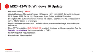 Copyright © 2024 Ivanti. All rights reserved. 20
MS24-12-W10: Windows 10 Update
▪ Maximum Severity: Critical
▪ Affected Products: Microsoft Windows 10 Versions 1607, 1809, 22H2, Server 2016, Server
2019, Server 2022, Server 2022 Datacenter: Azure Edition and Edge Chromium
▪ Description: This bulletin references multiple KB articles. See Windows 10 and associated
server KBs for details of all changes.
▪ Impact: Remote Code Execution, Denial of Service, Elevation of Privilege, and Information
Disclosure
▪ Fixes 58 Vulnerabilities: CVE-2024-49138 is publicly disclosed and known exploited. See the
Security Update Guide for the complete list of CVEs.
▪ Restart Required: Requires restart
▪ Known Issues: None reported
1
 
