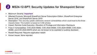 Copyright © 2024 Ivanti. All rights reserved. 21
▪ Maximum Severity: Important
▪ Affected Products: Microsoft SharePoint Server Subscription Edition, SharePoint Enterprise
Server 2016, and SharePoint Server 2019
▪ Description: This security update addresses several vulnerabilities which could lead to the three
impacts listed. This bulletin is based on 5 KB articles.
▪ Impact: Remote Code Execution, Elevation of Privilege and Information Disclosure
▪ Fixes 5 Vulnerabilities: CVE-2024-49062, CVE-2024-49064, CVE-2024-49065, CVE-2024-
49068, and CVE-2024-49070 which are not known to be exploited or publicly disclosed.
▪ Restart Required: Requires application restart
▪ Known Issues: None reported
MS24-12-SPT: Security Updates for Sharepoint Server
1
2
 