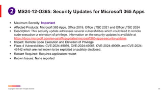 Copyright © 2024 Ivanti. All rights reserved. 23
▪ Maximum Severity: Important
▪ Affected Products: Microsoft 365 Apps, Office 2019, Office LTSC 2021 and Office LTSC 2024
▪ Description: This security update addresses several vulnerabilities which could lead to remote
code execution or elevation of privilege. Information on the security updates is available at
https://docs.microsoft.com/en-us/officeupdates/microsoft365-apps-security-updates.
▪ Impact: Remote Code Execution and Elevation of Privilege
▪ Fixes 4 Vulnerabilities: CVE-2024-49059, CVE-2024-49065, CVE-2024-49069, and CVE-2024-
49142 which are not known to be exploited or publicly disclosed.
▪ Restart Required: Requires application restart
▪ Known Issues: None reported
MS24-12-O365: Security Updates for Microsoft 365 Apps
1
2
 