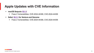 Copyright © 2024 Ivanti. All rights reserved. 32
Apple Updates with CVE Information
▪ macOS Sequoia 15.1.1
▪ Fixes 2 Vulnerabilities: CVE-2024-44308, CVE-2024-44309
▪ Safari 18.1.1 for Ventura and Sonoma
▪ Fixes 2 Vulnerabilities: CVE-2024-44308, CVE-2024-44309
 