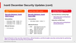 Copyright © 2024 Ivanti. All rights reserved. 8
Ivanti Cloud Services Application
(CSA)
Ivanti Patch SDK (more)
Security Advisory: Ivanti
CSA Product
Vulnerabilities:
• CVE-2024-11639 CVSS: 10.1
• CVE-2024-11772 CVSS: 9.1
• CVE-2024-11773 CVSS: 9.1
Affected Versions:
• 5.0.2 and prior
Security Advisory: Ivanti
Patch SDK
Ivanti December Security Updates (cont)
Vulnerabilities:
• CVE-2024-10256 CVSS: 7.1
Affected Products:
• EPM 2024 Sept SU and prior
2022 SU6 and prior
• ISEC 2024.3.2 and prior
• IP4CM 2024.3 and prior
• IN4PM 2024.3 and prior
• INAP 2024.1 and prior
Special thanks to the security researchers, ethical hackers, and the broader security community for partnering
with us to improve the security of our products.
Subscribe to Ivanti Security
Update RSS Feed
Security Advisory Landing Page:
• https://www.ivanti.com/blog/topics/
security-advisory
Subscribe via RSS Feed:
• https://www.ivanti.com/blog/topics/
security-advisory/rss
 