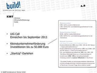© build! Gründerzentrum Kärnten GmbH
• UiG Call
Einreichen bis September 2013
• Kleinstunternehmerförderung
Investitionen bis zu 50.000 Euro
• „StartUp“-Darlehen
 