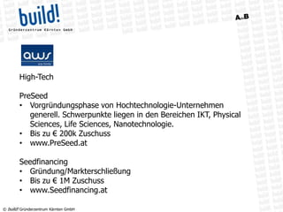 © build! Gründerzentrum Kärnten GmbH
High-Tech
PreSeed
• Vorgründungsphase von Hochtechnologie-Unternehmen
generell. Schwerpunkte liegen in den Bereichen IKT, Physical
Sciences, Life Sciences, Nanotechnologie.
• Bis zu € 200k Zuschuss
• www.PreSeed.at
Seedfinancing
• Gründung/Markterschließung
• Bis zu € 1M Zuschuss
• www.Seedfinancing.at
 