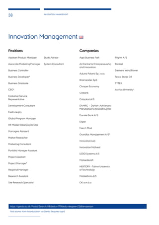 INNOVATION MANAGEMENT
38
Innovation Management
Positions
Assistant Product Manager
Associate Marketing Manager
Business Controller
Business Developer*
Business Graduate
CEO*
Costumer Service
Representative
Development Consultant
Fuldmægtig
Global Program Manager
HR Master Data Coordinator
Managers Assistent
Market Reseacher
Marketing Consultant
Portfolio Manager Assistant
Project Assistant
Project Manager*
Regional Manager
Research Assistant
Site Research Specialist*
Study Advisor
System Consultant
Companies
Agro Business Park
AU Centre for Entrepreneurship
and Innovation
Auluna Poland Sp. z o.o.
Brainreader ApS
Chrisper Economy
Citibank
Coloplast A/S
DAMRC - Danish Advanced
Manufacturing Reseach Center
Danske Bank A/S
Expat
Færch Plast
Grundfos Management A/S*
Innovation Lab
Innovation Midtvest
LEGO Systems A/S
Markedskraft
MEKTORY - Tallinn University
of Technology
Mobilethink A/S
OK a.m.b.a
Pilgrim A/S
RadiJet
Siemens Wind Power
Tesco Stores CR
TYTEX
Aarhus University*
https://gerda.au.dk/Portal/Search/#&&edu=179&edu-degree=226&e=person
Find alumni from this education via Gerda (requires login)
 