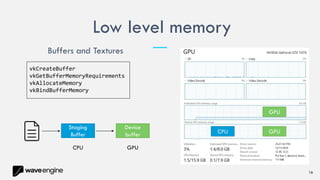 Low level memory
16
CPU GPU
GPU
Buffers and Textures
CPU
Staging
Buffer
GPU
Device
buffer
vkCreateBuffer
vkGetBufferMemoryRequirements
vkAllocateMemory
vkBindBufferMemory
 