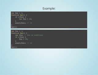 Example:
varfoo=1;
functionbar(){
if(!foo){
varfoo=10;
}
alert(foo);//10
}
bar();
varfoo=1;
functionbar(){
varfoo;//fooisundefined
if(!foo){
foo=10;
}
alert(foo);//10
}
bar();
 