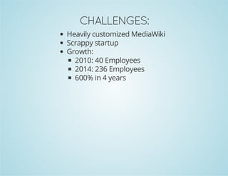 CHALLENGES:
Heavily customized MediaWiki
Scrappy startup
Growth:
2010: 40 Employees
2014: 236 Employees
600% in 4 years
 