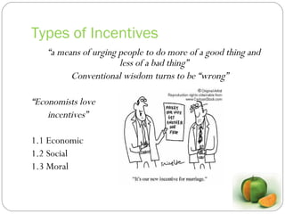 Types of Incentives “ a means of urging people to do more of a good thing and less of a bad thing” Conventional wisdom turns to be “wrong” “ Economists love incentives” 1.1 Economic 1.2 Social 1.3 Moral 