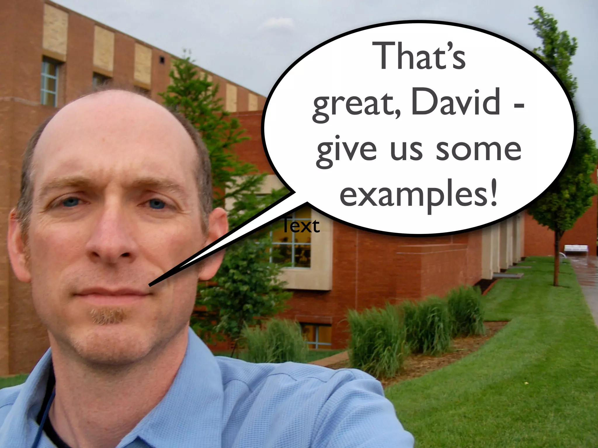 That’s
   great, David -
   give us some
     examples!
Text
 