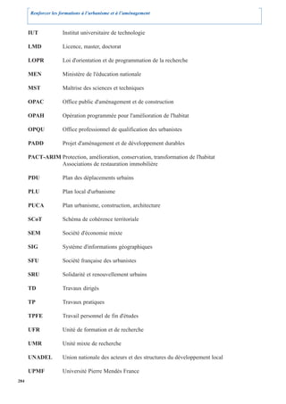Renforcer les formations à l’urbanisme et à l’aménagement



      IUT             Institut universitaire de technologie

      LMD             Licence, master, doctorat

      LOPR            Loi d'orientation et de programmation de la recherche

      MEN             Ministère de l'éducation nationale

      MST             Maîtrise des sciences et techniques

      OPAC            Office public d'aménagement et de construction

      OPAH            Opération programmée pour l'amélioration de l'habitat

      OPQU            Office professionnel de qualification des urbanistes

      PADD            Projet d'aménagement et de développement durables

      PACT-ARIM Protection, amélioration, conservation, transformation de l'habitat
                Associations de restauration immobilière

      PDU             Plan des déplacements urbains

      PLU             Plan local d'urbanisme

      PUCA            Plan urbanisme, construction, architecture

      SCoT            Schéma de cohérence territoriale

      SEM             Société d'économie mixte

      SIG             Système d'informations géographiques

      SFU             Société française des urbanistes

      SRU             Solidarité et renouvellement urbains

      TD              Travaux dirigés

      TP              Travaux pratiques

      TPFE            Travail personnel de fin d'études

      UFR             Unité de formation et de recherche

      UMR             Unité mixte de recherche

      UNADEL          Union nationale des acteurs et des structures du développement local

      UPMF            Université Pierre Mendès France
284
 