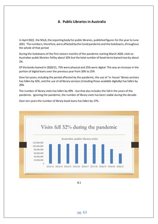 pg. 63
8. Public Libraries in Australia
In April 2022, the NSLA,the reportingbodyfor public libraries, publishedfigures for the year to June
2021. The numbers,therefore,were affectedbythe Covidpandemicand the lockdowns,throughout
the whole of that period
During the lockdowns of the first sixteen months of the pandemic starting March 2020, visits to
Australian public libraries fellby about 32% but the total numberof bookitemsloanedrose by about
2%.
Of the books loaned in 2020/21, 75% were physical and 25% were digital. This was an increase in the
portion of digital loans over the previous year from 20% to 25%
Overtenyears,including the period affected by the pandemic, the use of ‘in-house’ library services
has fallen by 42%, and the use of all library services (including those available digitally) has fallen by
20%
The number of library visits has fallen by 49% - but that also includes the fall in the years of the
pandemic. Ignoring the pandemic, the number of library visits has been stable during the decade.
Over ten years the number of library book loans has fallen by 17%.
8.1
0
20,000,000
40,000,000
60,000,000
0,000,000
100,000,000
120,000,000
2012 1 201 14 2014 1 201 16 2016 17 2017 1 201 1 201 20 2020 21
Australia: public library visits
 