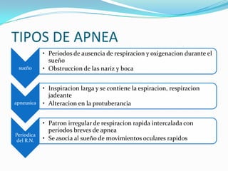 TIPOS DE APNEA
sueño
• Periodos de ausencia de respiracion y oxigenacion durante el
sueño
• Obstruccion de las nariz y boca
apneusica
• Inspiracion larga y se contiene la espiracion, respiracion
jadeante
• Alteracion en la protuberancia
Periodica
del R.N.
• Patron irregular de respiracion rapida intercalada con
periodos breves de apnea
• Se asocia al sueño de movimientos oculares rapidos
 