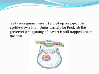 Fred (your gummy worm) ended up on top of the
upside-down boat. Unfortunately for Fred, his life
preserver (the gummy life saver) is still trapped under
the boat.
 