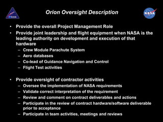 Orion Oversight Description

• Provide the overall Project Management Role
• Provide joint leadership and flight equipment when NASA is the
  leading authority on development and execution of that
  hardware
   –   Crew Module Parachute System
   –   Aero databases
   –   Co-lead of Guidance Navigation and Control
   –   Flight Test activities


• Provide oversight of contractor activities
   – Oversee the implementation of NASA requirements
   – Validate correct interpretation of the requirement
   – Review and comment on contract deliverables and actions
   – Participate in the review of contract hardware/software deliverable
     prior to acceptance
   – Participate in team activities, meetings and reviews
 