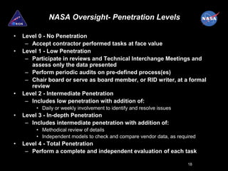 NASA Oversight- Penetration Levels

•   Level 0 - No Penetration
     – Accept contractor performed tasks at face value
•   Level 1 - Low Penetration
     – Participate in reviews and Technical Interchange Meetings and
       assess only the data presented
     – Perform periodic audits on pre-defined process(es)
     – Chair board or serve as board member, or RID writer, at a formal
       review
•   Level 2 - Intermediate Penetration
     – Includes low penetration with addition of:
         • Daily or weekly involvement to identify and resolve issues
•   Level 3 - In-depth Penetration
     – Includes intermediate penetration with addition of:
         • Methodical review of details
         • Independent models to check and compare vendor data, as required
•   Level 4 - Total Penetration
     – Perform a complete and independent evaluation of each task

                                                                        18
 
