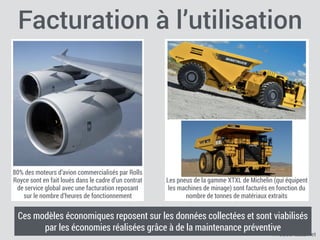 FredCavazza.net
Facturation à l’utilisation
80% des moteurs d’avion commercialisés par Rolls
Royce sont en fait loués dans le cadre d’un contrat
de service global avec une facturation reposant
sur le nombre d’heures de fonctionnement
Les pneus de la gamme XTXL de Michelin (qui équipent
les machines de minage) sont facturés en fonction du
nombre de tonnes de matériaux extraits
Ces modèles économiques reposent sur les données collectées et sont viabilisés
par les économies réalisées grâce à de la maintenance préventive
 