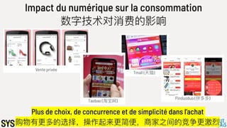 Impact du numérique sur la consommation
数字技术对消费的影响
Vente privée
Tmall (天猫)
Taobao (淘宝⽹网)
Plus de choix, de concurrence et de simplicité dans l’achat
购物有更更多的选择，操作起来更更简便便，商家之间的竞争更更激烈烈
Pinduoduo (拼多多)
 