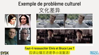 Exemple de problème culturel
⽂文化差异
Faut-il ressusciter Elvis et Bruce Lee ?
应该让猫王还是李李⼩小⻰龙复活?
 