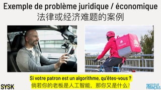Exemple de problème juridique / économique
法律律或经济难题的案例例
Si votre patron est un algorithme, qu’êtes-vous ?
倘若你的⽼老老板是⼈人⼯工智能，那你⼜又是什什么?
 