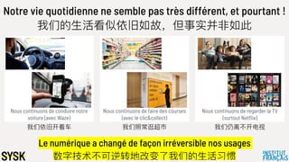 Notre vie quotidienne ne semble pas très différent, et pourtant !
我们的⽣生活看似依旧如故，但事实并⾮非如此
Le numérique a changé de façon irréversible nos usages
数字技术不不可逆转地改变了了我们的⽣生活习惯
Nous continuons de conduire notre
voiture (avec Waze)
Nous continuons de faire des courses
(avec le clic&collect)
Nous continuons de regarder la TV
(surtout Netflix)
我们依旧开着⻋车 我们照常逛超市 我们仍离不不开电视
 