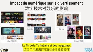Impact du numérique sur le divertissement
数字技术对娱乐的影响
Tik Tok
Douyin (抖⾳音)
YouTube
Youku (優酷)
Netflix
iQiyi (爱奇艺)
La fin de la TV linéaire et des magazines
结束了了电视和节⽬目的线性播放顺序
 