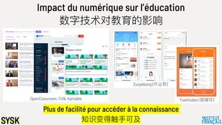 OpenClassroom, FUN, Kartable
Impact du numérique sur l’éducation
数字技术对教育的影响
Zuoyebang (作业帮)
Yuanfudao (猿辅导)
Plus de facilité pour accéder à la connaissance
知识变得触⼿手可及
 