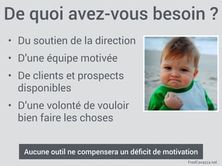 FredCavazza.net
De quoi avez-vous besoin ?
• Du soutien de la direction
• D’une équipe motivée
• De clients et prospects
disponibles
• D’une volonté de vouloir
bien faire les choses
Aucune outil ne compensera un déﬁcit de motivation
 