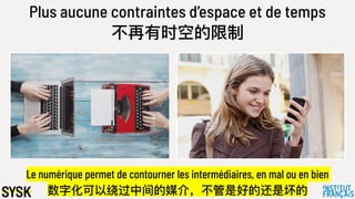 Plus aucune contraintes d’espace et de temps
不不再有时空的限制
Le numérique permet de contourner les intermédiaires, en mal ou en bien
数字化可以绕过中间的媒介，不不管是好的还是坏的
 