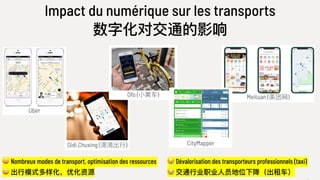 Impact du numérique sur les transports
数字化对交通的影响
😀 Nombreux modes de transport, optimisation des ressources
😀 出⾏行行模式多样化，优化资源
😪 Dévalorisation des transporteurs professionnels (taxi)
😪 交通⾏行行业职业⼈人员地位下降（出租⻋车）
Uber
Didi Chuxing (滴滴出⾏行行)
Meituan (美团⽹网)Ofo (⼩小⻩黄⻋车)
CityMapper
 