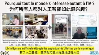 3e révolution industrielle : la généralisation des ordinateurs bouleverse
le monde du travail, les transports, l’éducation, les médias, les loisirs…
Pourquoi tout le monde s’intéresse autant à l’IA ?
为何所有⼈人都对⼈人⼯工智能如此感兴趣？
4e révolution industrielle : l’intelligence artificielle bouleverse à nouveau le
monde du travail, les transports, l’éducation, les médias, les loisirs…
L’intelligence artificielle décuple les opportunités offertes par le numérique
有了了⼈人⼯工智能，数字化可更更⼤大程度地造福⼈人类
⼯工作、交通、教育、媒体、娱乐… 还是⼯工作、交通、教育、媒体、娱乐…
 