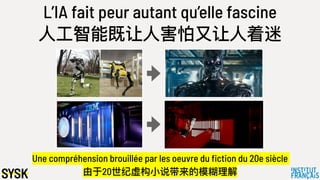 L’IA fait peur autant qu’elle fascine
⼈人⼯工智能既让⼈人害怕⼜又让⼈人着迷
Une compréhension brouillée par les oeuvre du fiction du 20e siècle
由于20世纪虚构⼩小说带来的模糊理理解
 