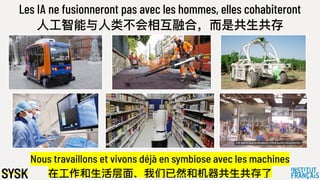 Les IA ne fusionneront pas avec les hommes, elles cohabiteront
⼈人⼯工智能与⼈人类不不会相互融合，⽽而是共⽣生共存
Nous travaillons et vivons déjà en symbiose avec les machines
在⼯工作和⽣生活层⾯面，我们已然和机器器共⽣生共存了了
 