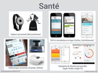 FredCavazza.net@fredcavazza #WIL2015
Agrégation de données personnelles 
(Apple Health, Google Fit)Stéthoscopes connectés (Scanadu, Stethee)
Santé
RDV et consultations en ligne (ZocDoc, DocOnDemand)
Capteurs personnels (Mercurochrome)
 