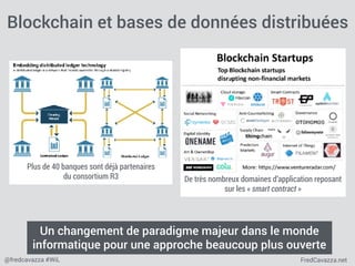 FredCavazza.net@fredcavazza #WiL
De très nombreux domaines d’application reposant
sur les « smart contract »
Blockchain et bases de données distribuées
Un changement de paradigme majeur dans le monde
informatique pour une approche beaucoup plus ouverte
Plus de 40 banques sont déjà partenaires
du consortium R3
 