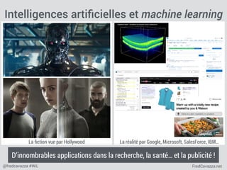 FredCavazza.net@fredcavazza #WiL
Intelligences artiﬁcielles et machine learning
D’innombrables applications dans la recherche, la santé… et la publicité !
La ﬁction vue par Hollywood La réalité par Google, Microsoft, SalesForce, IBM…
 