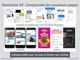 FredCavazza.net@fredcavazza #WiL
Résolution #3 : Comprendre les nouveaux usages
Indispensable pour ne pas se limiter aux clichés
Google Allo SnapChat
Exemples de chatbots dans Kik et Facebook Messenger
 