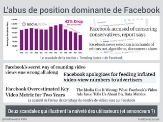 FredCavazza.net@fredcavazza #WiL
Le scandale de la section « Trending topics » de Facebook
L’abus de position dominante de Facebook
Le scandal de l’erreur de comptage du nombre de vidéos vues sur Facebook
Deux scandales qui illustrent la naïveté des utilisateurs (et annonceurs ?)
 