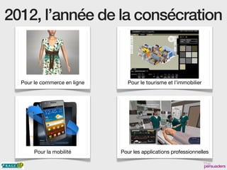2012, l’année de la consécration
Pour le commerce en ligne Pour le tourisme et l’immobilier
Pour la mobilité Pour les applications professionnelles